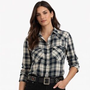 Ralph Lauren Slim Fit Plaid Herringbone Snap Button Shirt Top Size L